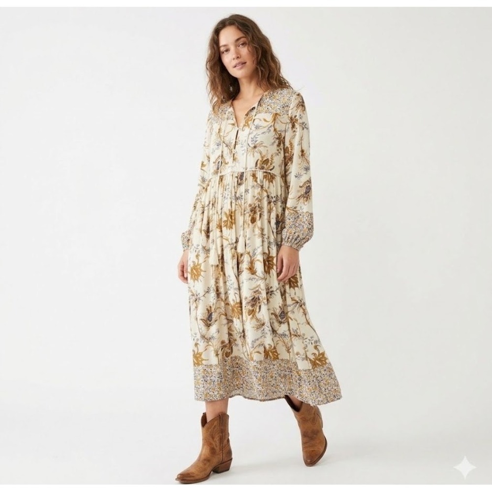 R.Vivimos Maxi Dress Womens L 12/14 Cream Floral Boho Tassel Long Sleeve Fall